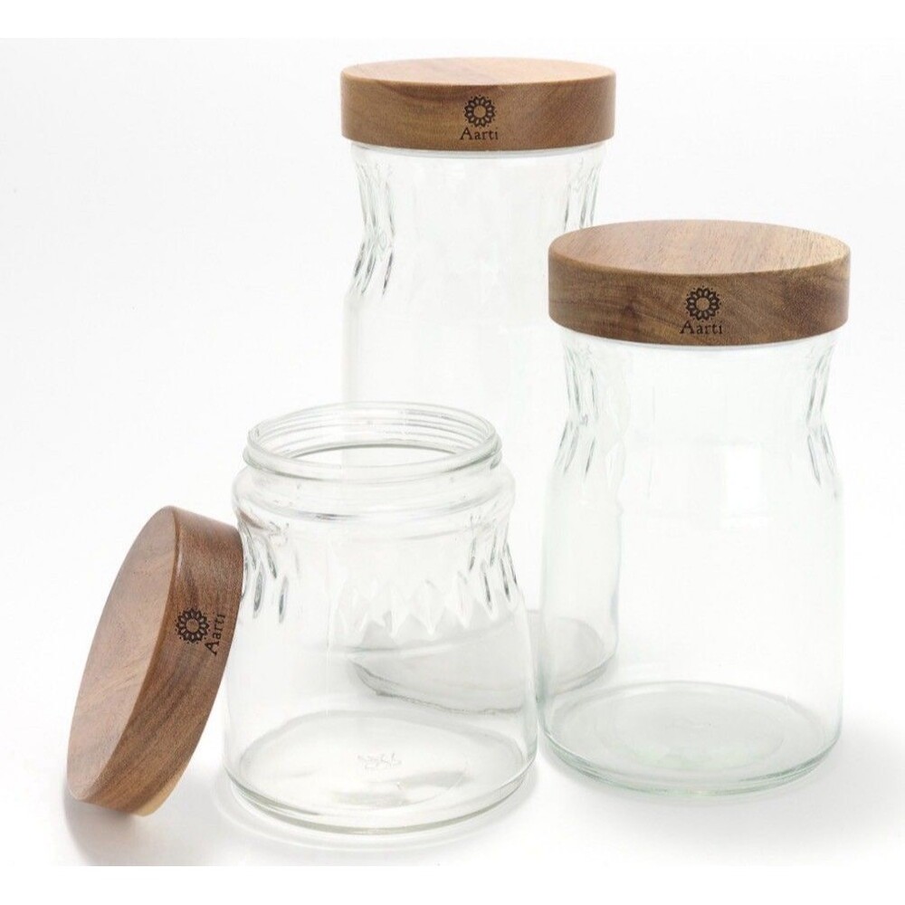 Aarti Sequeira 3-Pc Etched Glass Storage Canisters w/ Acaica Wood Lid - Picture 2 of 2